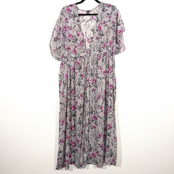 Torrid Gray‎ Flower Sprig Lurex Duster Kimono Size 1/2 - Picture 3 of 10